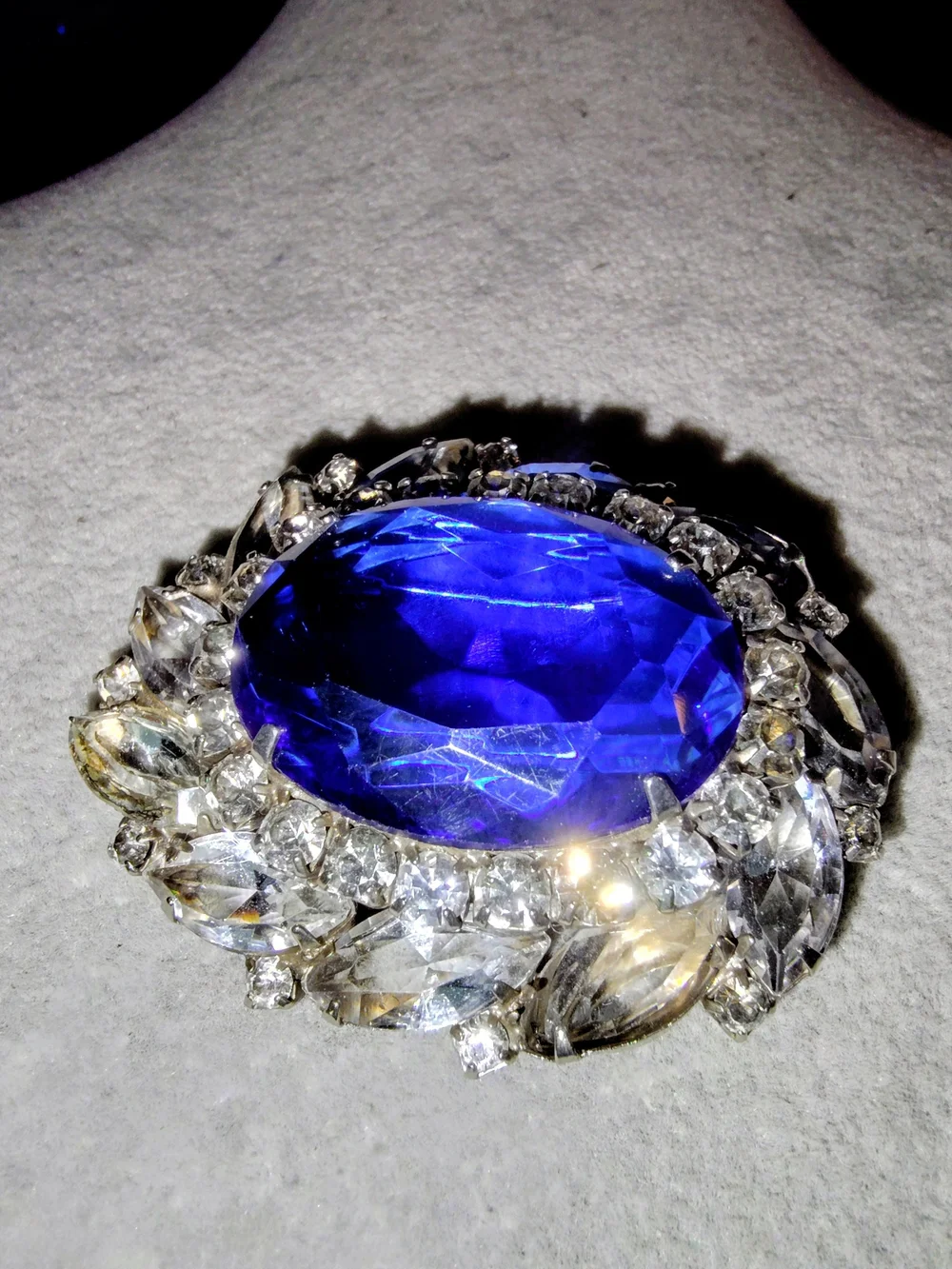 Circa 1960s Blue Crystal Marquise Statement Brooch 2.5×2